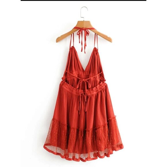 Tie back halter mini dress backless lace layered polkadot boho white - Picture 7 of 8